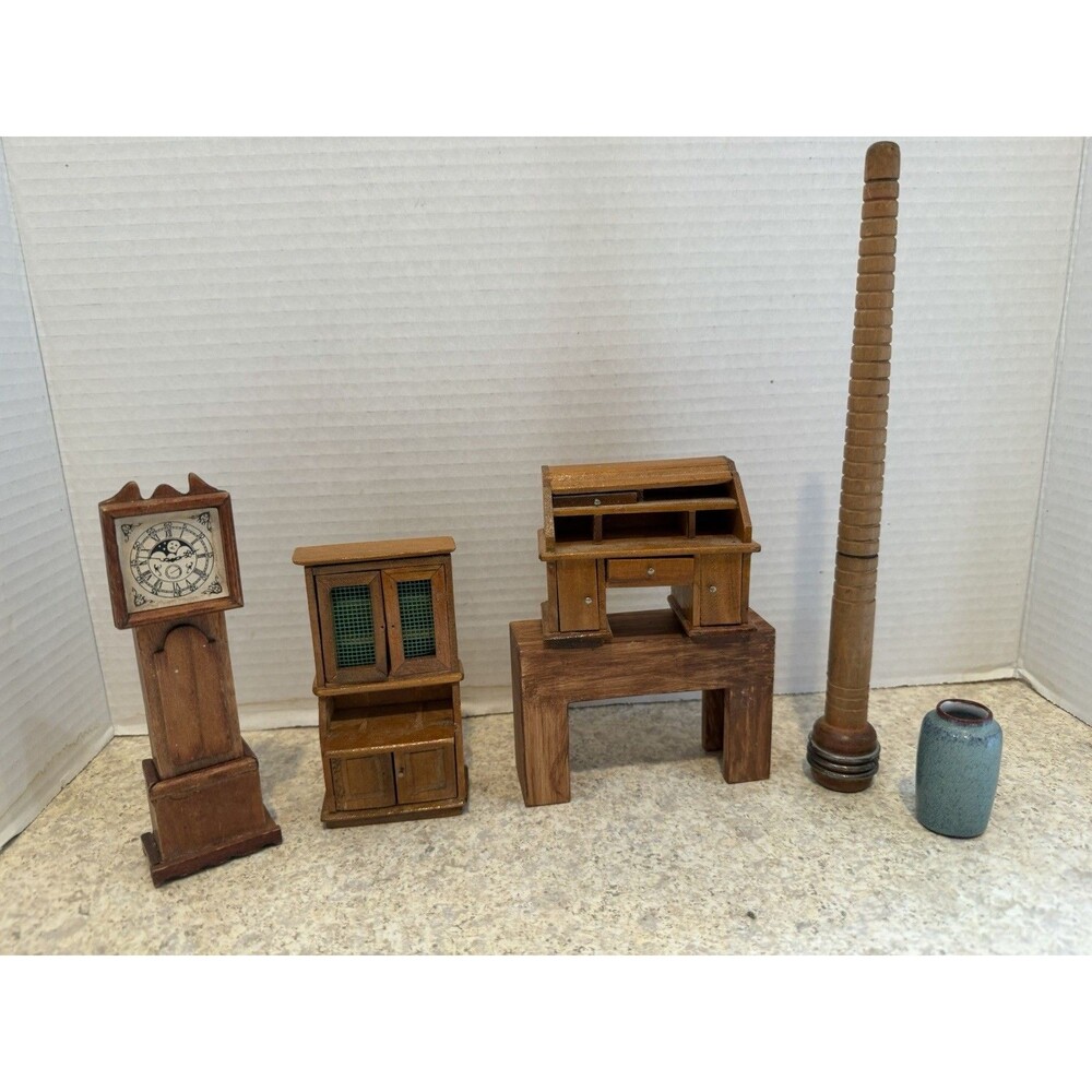 Wood Dollhouse Miniatures Lot 6 Grandfather Clock Desk Hutch Bobbin Vase
